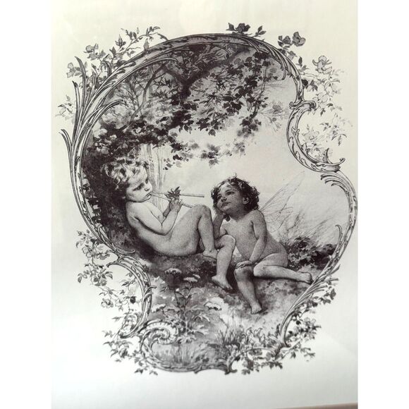 Gorgeous vintage cherub print, newly framed; two cherubs in garden